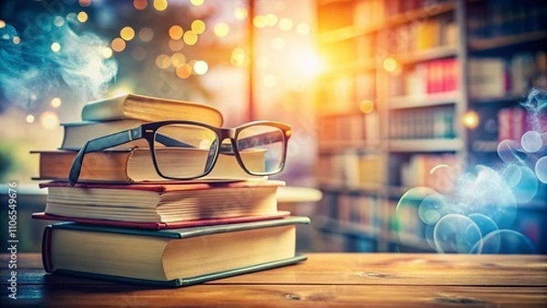 Fototapeta A Tranquil Study Scene with a Stack of Colorful Books and Stylish Glasses on Top, Perfect for Book Lovers and Intellectuals Seeking Inspiration and Knowledge