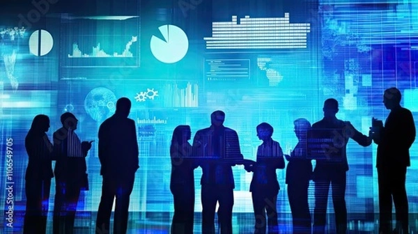 Fototapeta Silhouetted businesspeople discussing data analytics on a digital screen