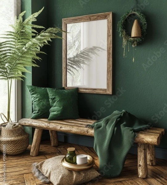 Obraz Cozy Modern Living Room Interior with Rustic Bench and Decorative Objects