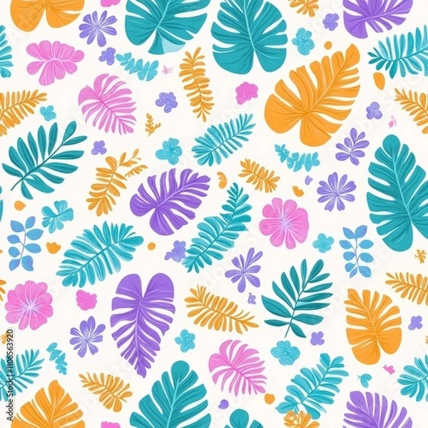 Fototapeta Tropical Leaves Seamless Pattern Colorful Digital Art Vector Illustration