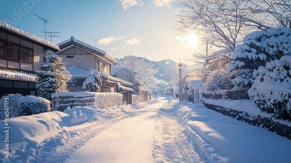 Fototapeta 雪が積もった日本の住宅街