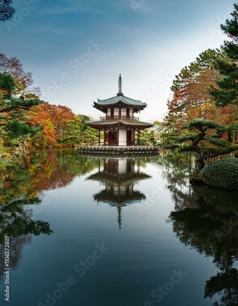 Fototapeta Serene autumn scene: Pagoda reflected in a calm pond.