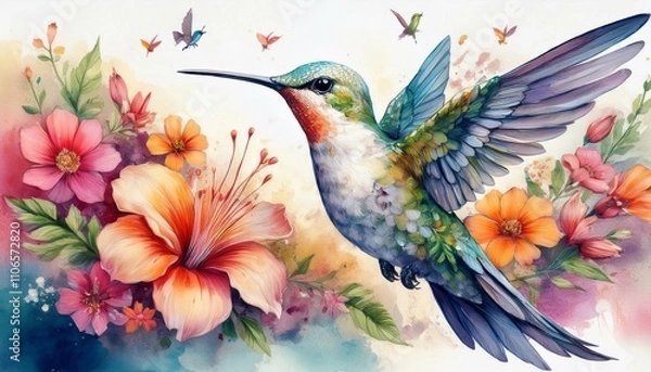 Fototapeta Vibrant hummingbird in flight, surrounded by a profusion of colorful flowers.