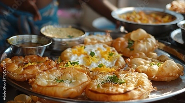 Fototapeta Yummily scrumptious tray of yogurt-tamarind-filled dahi puri, Generative AI.