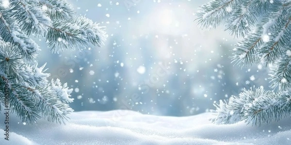 Obraz Winter Wonderland Image of Snowy Pine Branches Frosted in Soft Light and Delicate Snowflakes with Bokeh Effect