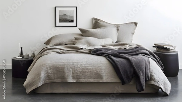Fototapeta A minimalist bedroom featuring a platform bed, neutral bedding, and a single framed piece of wall art.