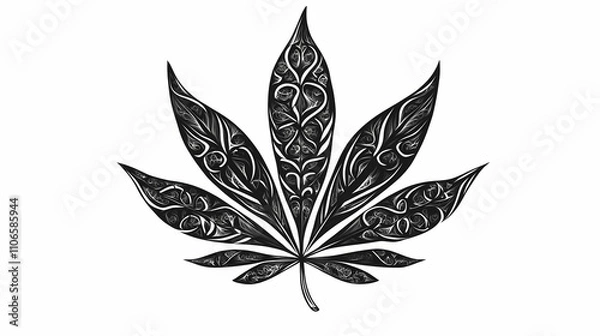Fototapeta A solarpunk weed leaf black with intricate patterns on white background. Solarpunk. Illustration