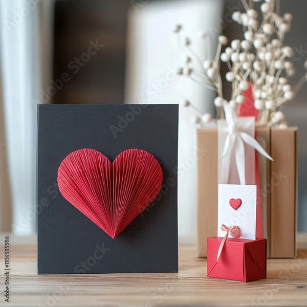 Fototapeta handmade Valentine greeting card with red heart design, surrounded by gift boxes and decorative elements, perfect for expressing love and affection