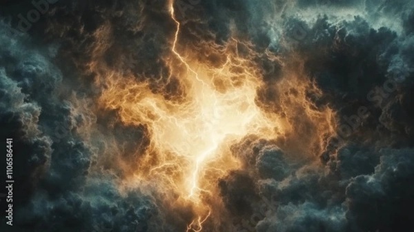 Fototapeta Lightning bolt cracking through a stormy sky, frozen in ultra slow motion, dramatic clouds 
