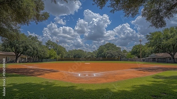 Fototapeta Serene Baseball Field Under a Blue Sky Filled with Fluffy Clouds Surrounded by Lush Green Trees and Well-Maintained Grass in a Tranquil Setting