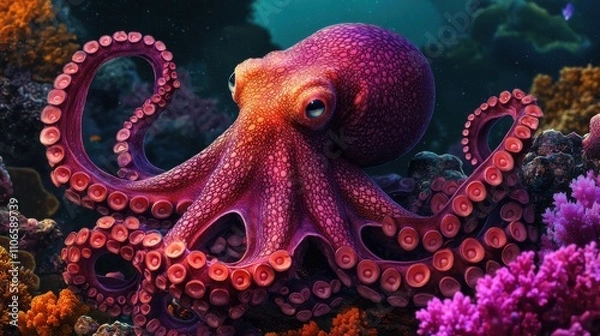 Fototapeta A large, colorful octopus is swimming in a coral reef