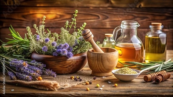 Obraz A Still Life of Herbal Remedies, Featuring a Mortar and Pestle, Bowls Filled with Dried Flowers, and Bottles of Golden Liquid