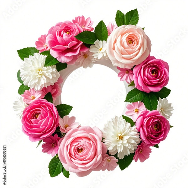 Fototapeta  A pink and white floral wreath , centered around a circular frame on a soft white background