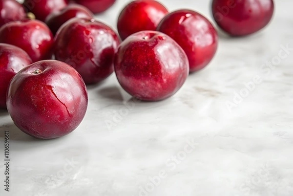 Fototapeta A cluster of vibrant red plums scattered across a marble surface