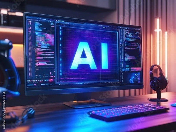 Fototapeta Creative workspace with advanced technology showcasing artificial intelligence in vibrant colors