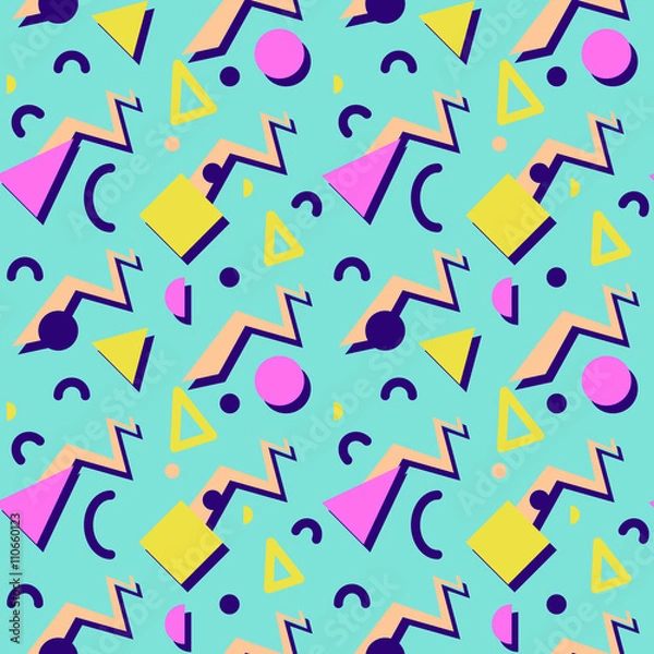 Fototapeta Seamless geometric vintage pattern in retro 80s style, memphis. Ideal for fabric design, paper print and website backdrop. EPS10 vector file.