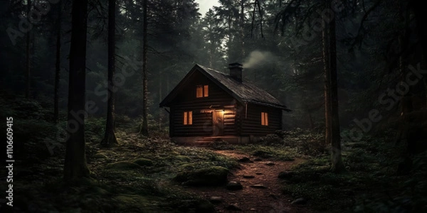 Fototapeta Isolated cabin nestled within a dark, mysterious forest at night.