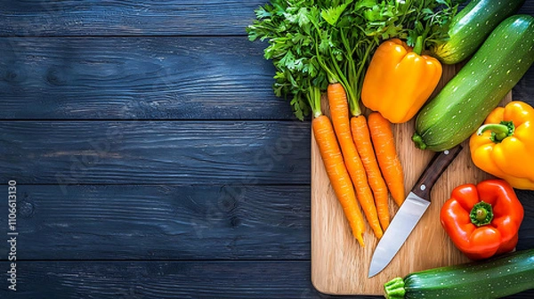 Fototapeta Fresh carrots, zucchini, and bell peppers on wooden cutting board, ready for preparation. vibrant and healthy display of fresh produce on rustic blue table
