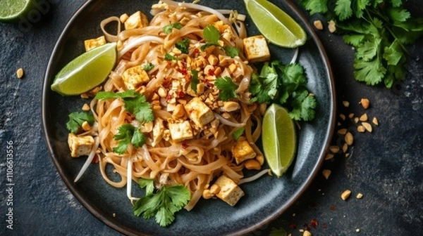 Fototapeta A delightful plate of chicken pad Thai noodles with tofu, bean sprouts, and peanuts
