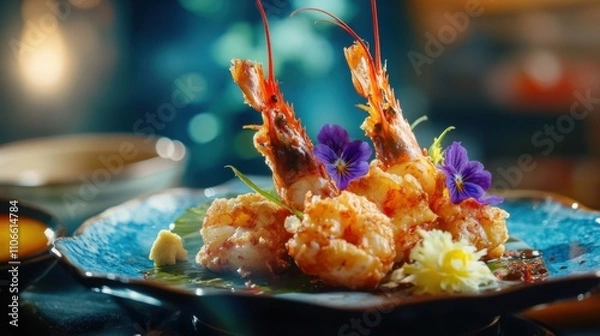 Fototapeta 陶器の食器とグルメなシーフード料理を添えたエレガントな春のテーブルセッティング