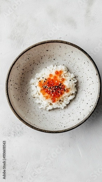 Fototapeta ミニマリストの料理芸術: テクスチャのある白い背景にイクラを乗せた寿司飯