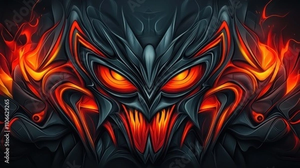 Fototapeta A fierce, stylized creature design with glowing eyes and fiery accents.