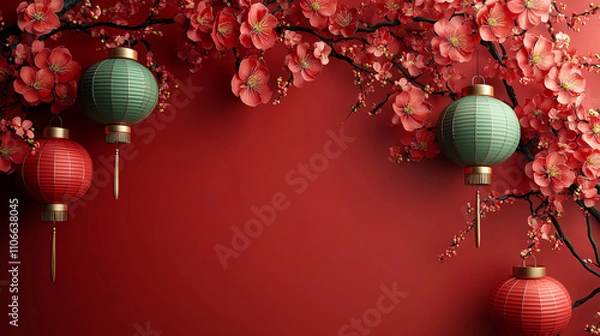 Fototapeta Red flowers and lanterns on a red background. Festive, vibrant, and perfect for holiday designs, Chinese New Year, or celebratory occasions. Generated AI