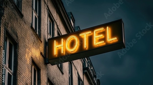 Obraz A brightly lit hotel sign hangs on a brick building, casting a warm glow against a dark, moody sky.