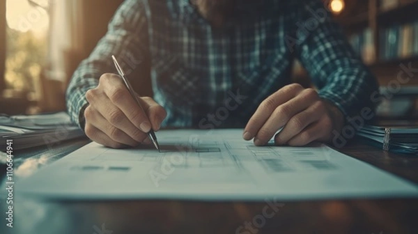 Obraz Interior designer sketching room layouts at a modern desk