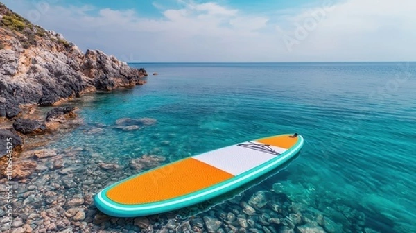 Obraz Vibrant Paddleboard on Clear Water by Rocky Coastline at Sunset