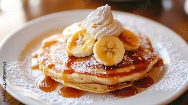 Fototapeta A plate of fluffy pancakes topped with bananas, caramel sauce, and whipped cream