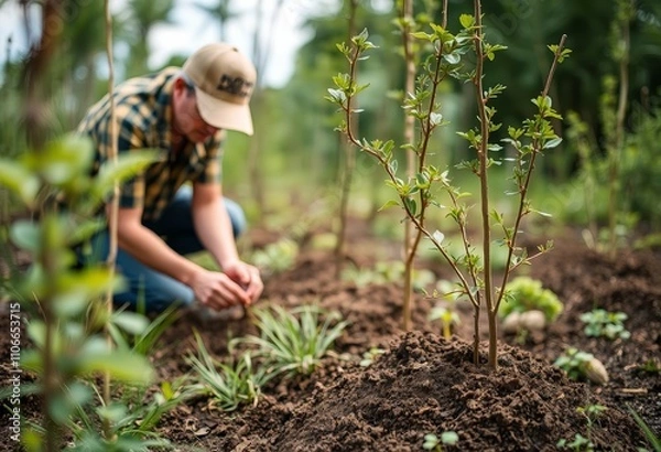 Fototapeta Photo of a person planting new tree seedlings for reforestation to overcome global warming and also overcome deforestation