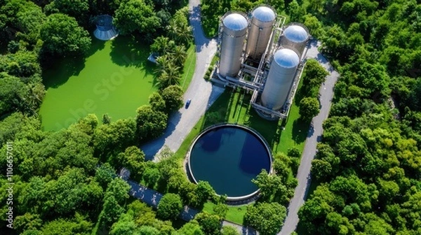 Obraz Chemical industry materials concept. An aerial view of green landscapes featuring silos and a circular water reservoir, surrounded by lush trees and pathways.