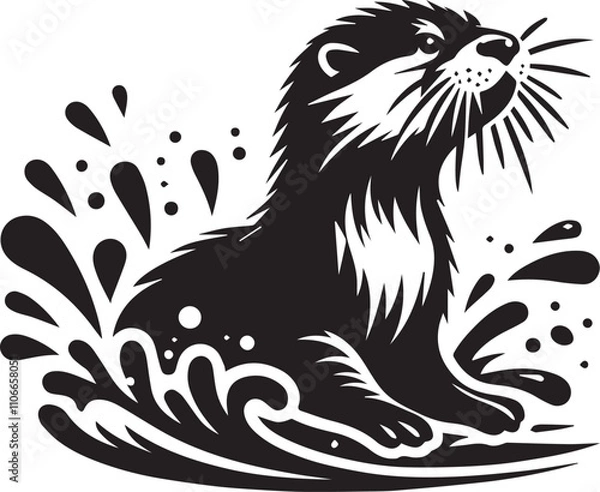 Fototapeta Playful otter making a splash black silhouette vector