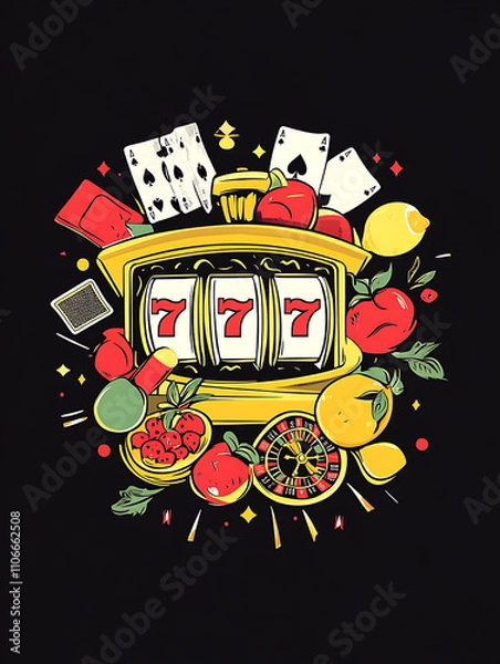 Fototapeta Colorful slot machine design with fruits, cards, and dice. Perfect for gaming enthusiasts and T shirt lovers. This vibrant illustration captures excitement of casino atmosphere