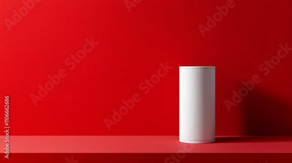 Fototapeta Modern white cylindrical object on a vibrant red table in a minimalist setting