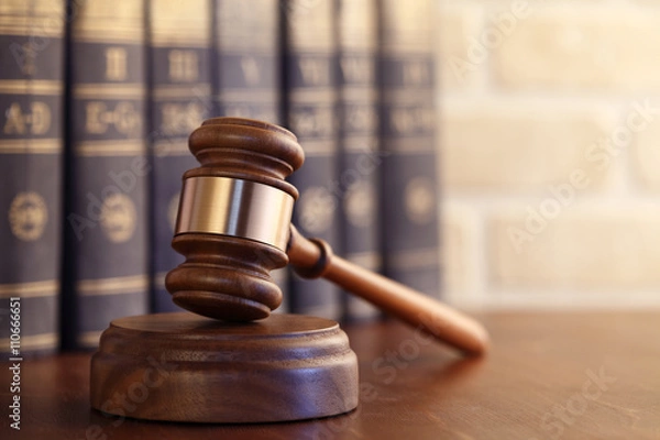 Obraz Gavel leaning against a row of law books