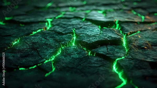 Fototapeta Abstract Cracked Earth with Vibrant Green Light, Sci-Fi Neon Glow Texture