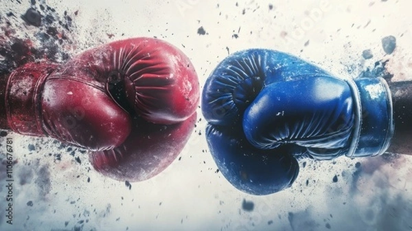Fototapeta Red and Blue Boxing Gloves Fighting with Explosive Effect, 3D Rendering Banner Design on White Background