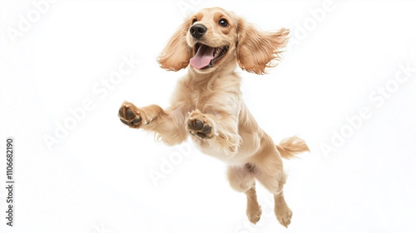 Fototapeta Playful English cocker spaniel jumping with joyful energy on white background