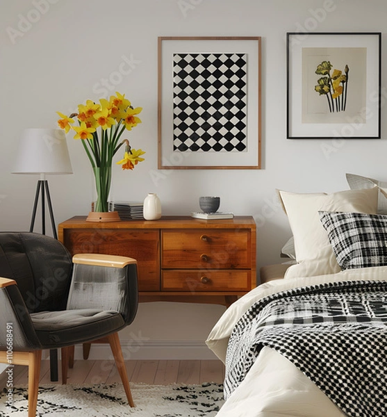 Obraz A stylish bedroom featuring midcentury furniture, modern art prints, and a cozy atmosphere. Ideal for interior decor enthusiasts who enjoy blending styles and creating a comfortable space