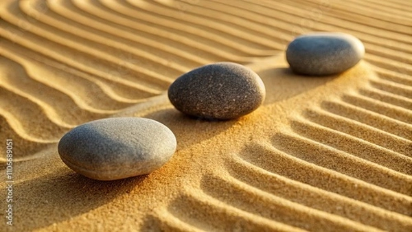 Fototapeta Serene stones arranged on a gently undulating sandy surface, creating a calming visual representation of balance and tranquility