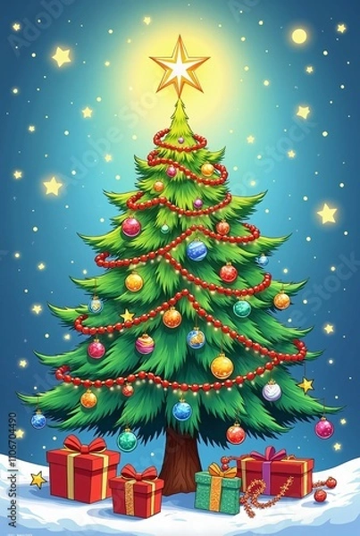 Fototapeta A Christmas tree with a star on top and several gifts