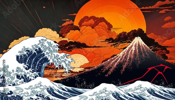 Fototapeta 夕日と神奈川沖浪裏＆山下白雨（背景：生成AI）	