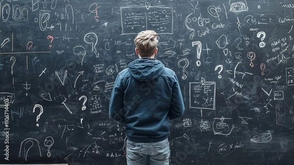 Fototapeta A teenage boy stands before a blackboard of doodles and question marks, his head a mess of thoughts, symbolizing ADHD, stress, anxiety, confusion, and mindfulness concepts.