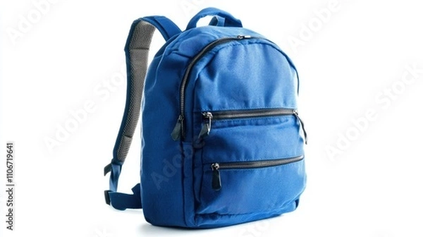 Obraz A blue backpack with multiple zippered compartments, ideal for carrying books and personal items.