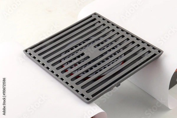 Fototapeta 10x10cm Floor Drain Water Outlet with Filter for Underground Use – Isolated on White Background