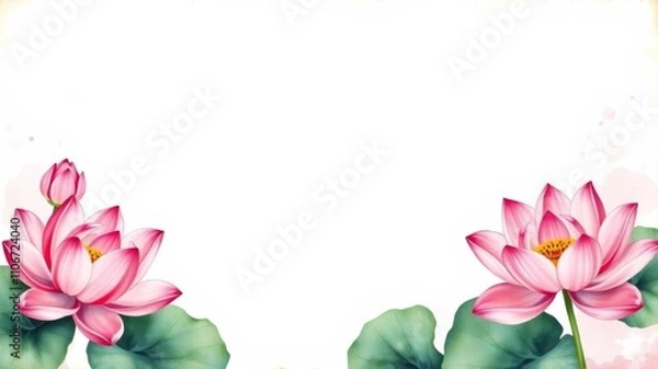 Fototapeta Vintage grunge wide paper journal with empty space, watercolor blooming pink lotus flowers, leaf border frame, vintage, border