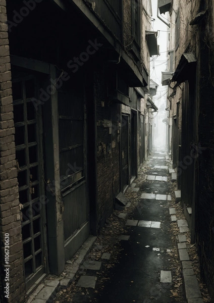 Fototapeta narrow street in the town with light in the distance and no one around