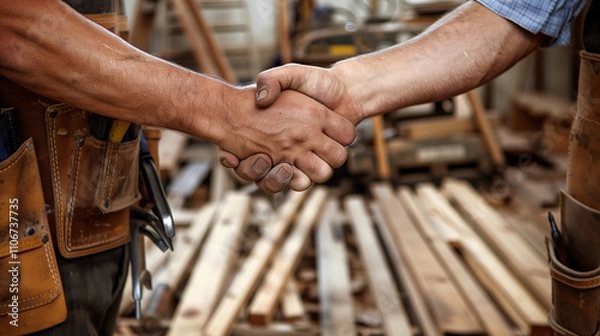 Obraz Close-up of two carpenters shaking hands in a woodworking workshop, with tools visible in tool belts and wooden planks in the background